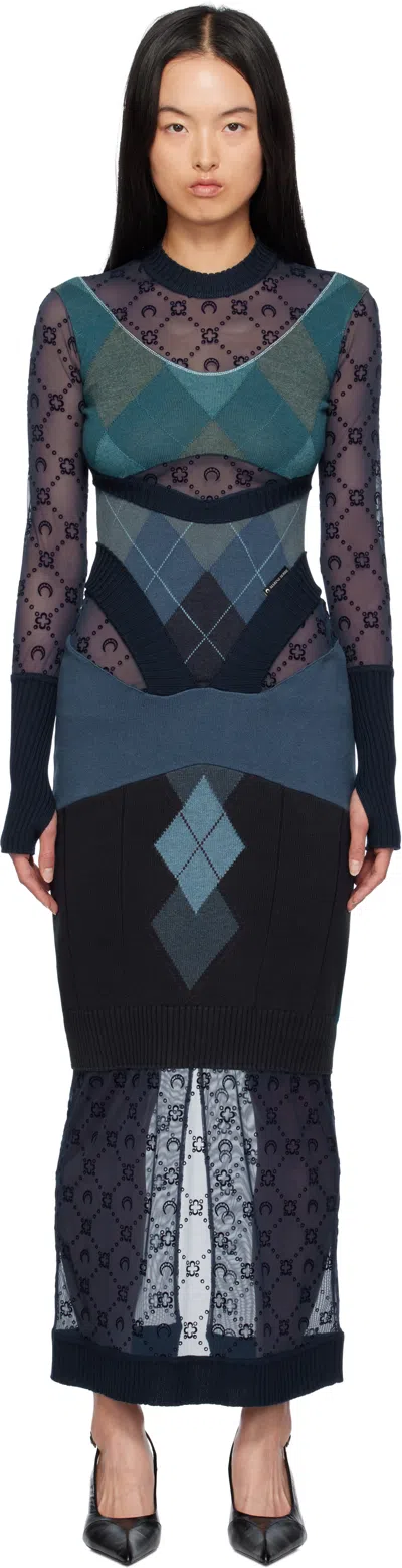 Marine Serre Navy Upcycled Argyle Knit Midi Dress In Bl07 Ultramarine