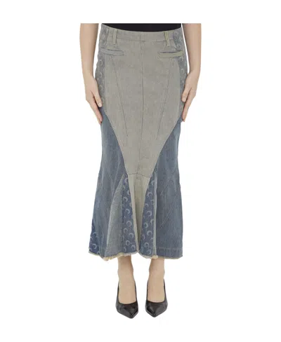 Marine Serre Panelled Denim Flared Skirt In Gray