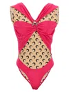 Marine Serre Patchwork Bodysuit With All-over Logo Print In Pink