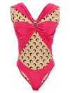 Marine Serre Patchwork Bodysuit With All-over Logo Print In Pink