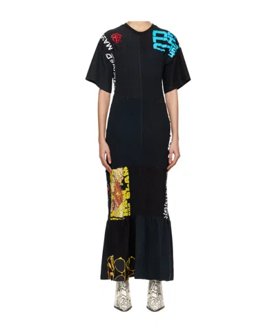 Marine Serre Black Upcycled Shirred Fitted Maxi Dress In Bk99 Black