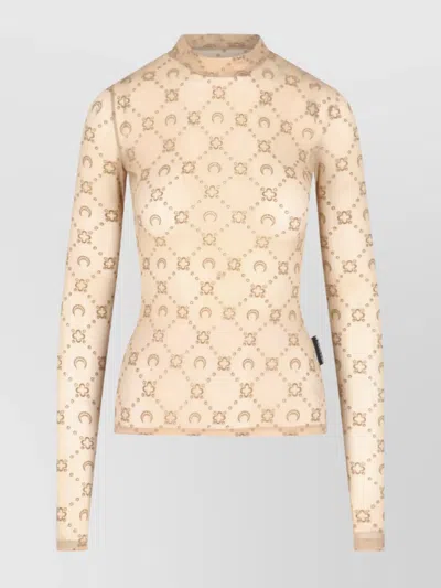 Marine Serre Printed Fitted Top Sheer Sleeves In Neutral