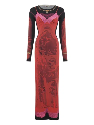 Marine Serre Printed-lace Jersey Dress In Red