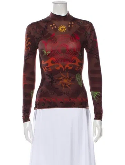 Pre-owned Marine Serre Printed Mock Neck Top In Brown