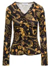 Marine Serre Black Blouse With All-over Graphic Print And Gathering Detail In Multicolor
