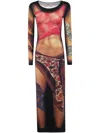 Marine Serre Multicolor Long Dress With All-over Graphic Print In Brown
