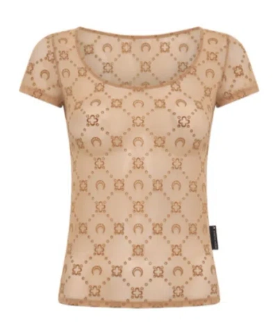 Marine Serre Recycled Mesh Flock Open Neck Top In Brown