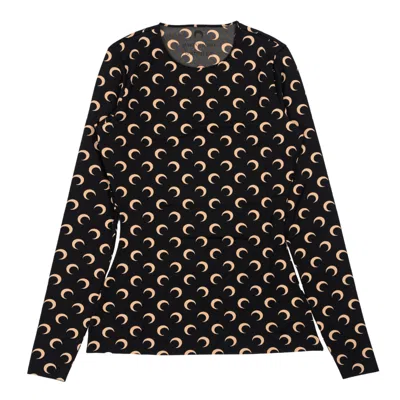 Marine Serre Recycled Moon Jersey Crewneck Top In Black In Nero/beige