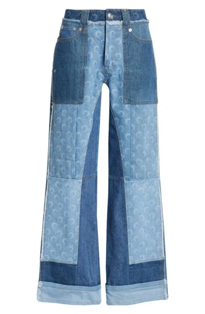 Marine Serre Regenerated Denim Patchwork Straight Leg Jeans In Blue