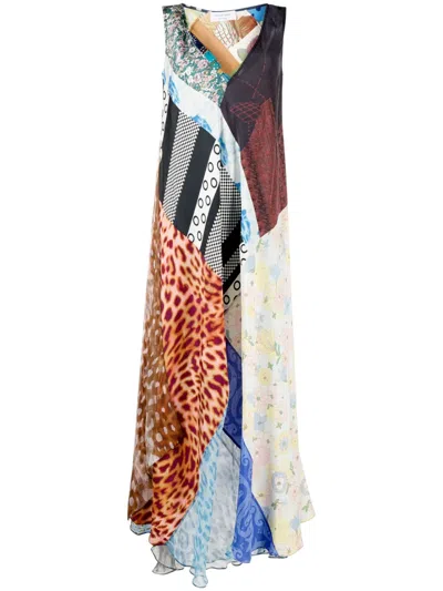 Marine Serre Regenerated Patchwork Silk Dress In Neutrals