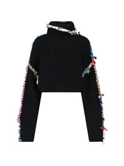 Marine Serre Regenerated Silk Scarves Cropped High-neck Sweater In Black
