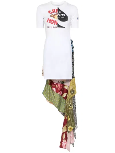 Marine Serre Regenerated Silk-scarves T-shirt Dress In 白色