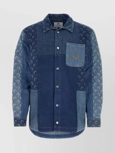 Marine Serre Rolled Sleeve Denim Shirt With Pocket And Contrast Panel In Blue