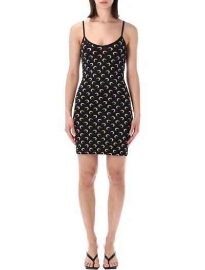 Marine Serre Sculpted Mini Dress With All-over Moon Print In Black Moon Tan