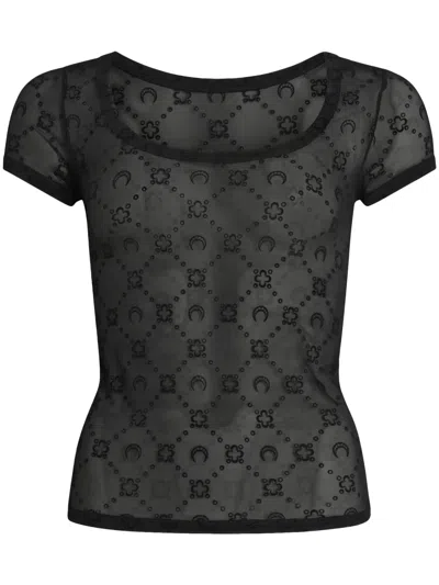 Marine Serre Sheer Black Mesh Flock Short-sleeve Top