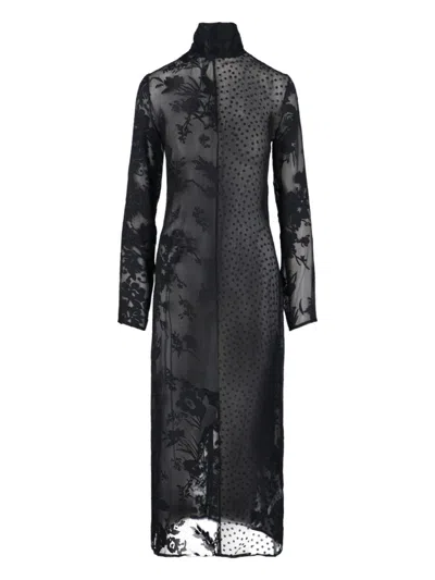 MARINE SERRE SHEER BLACK MIDI DRESS WITH FLORAL PATTERNS AND SCARF DETAIL