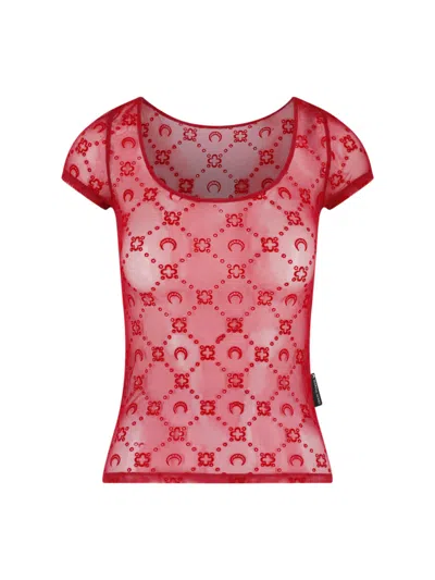 Marine Serre Sheer Mesh Short Sleeve Top In Red