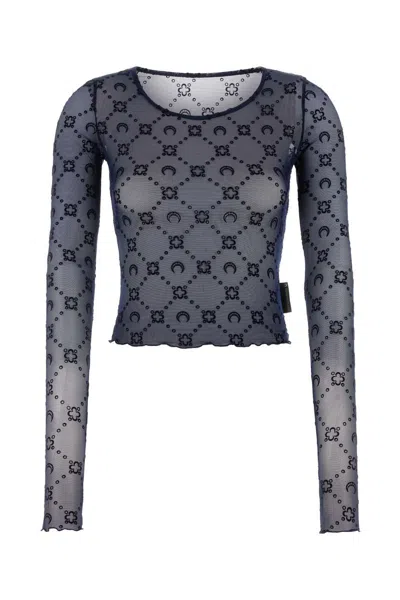 Marine Serre Moonogram Mesh Flock Long Sleeves Roundneck Top In Blue