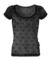 Marine Serre Wide Neck Black T-shirt With Tone-on-tone Velvet Logo In Black