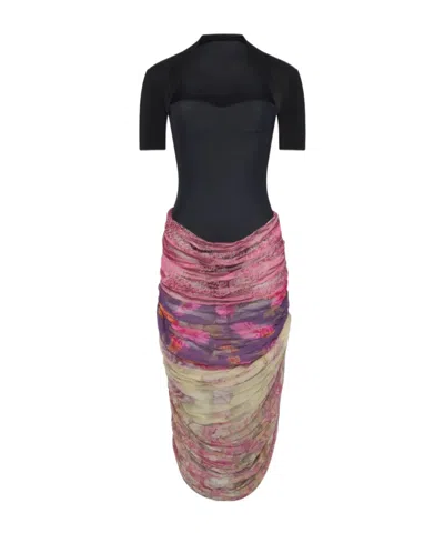 Marine Serre Short-sleeved Panelled Midi Dress In Multi