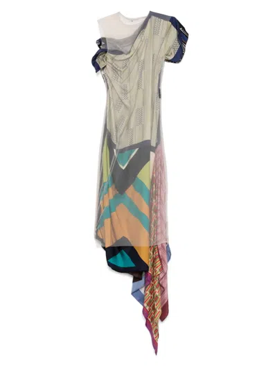 Marine Serre Silk-scarves Midi Dress In Neutrals