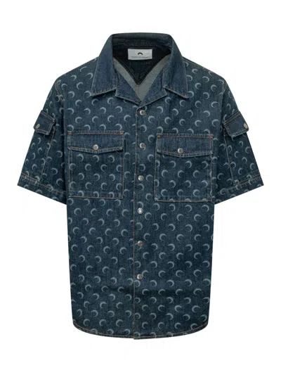 Marine Serre Sleeves Cut Mini Shirt With Unique Print In Midnight Blue