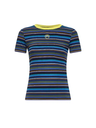 Marine Serre Striped Ribbed Jersey Moon Logo T-shirt In Blue