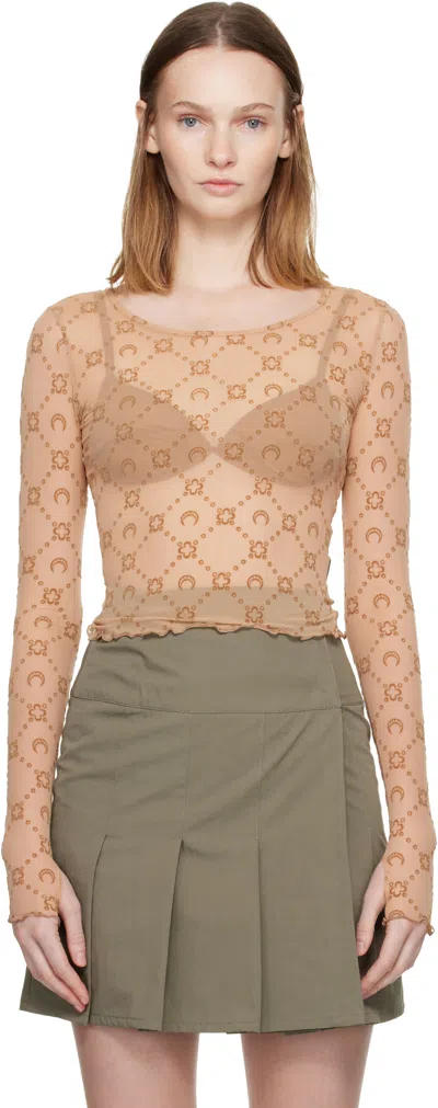 Marine Serre Tan Moonogram Mesh Flock Ls Cropped Top In Nude