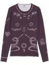 Marine Serre Tattoo Printed Jersey Second Skin Crew Neck Top In Brown