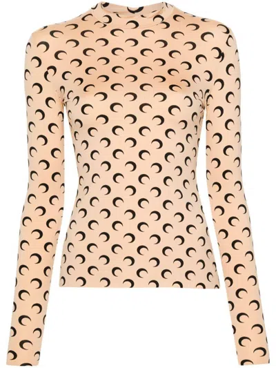 Marine Serre Crescent Print Turtleneck Long-sleeved Top In Nude