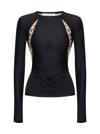 Marine Serre Logo Printed Long Sleeved Panelled Blouse In Black