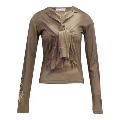 Marine Serre Trompe-l'oeil Knit Jersey Long Sleeve Tee In Brown