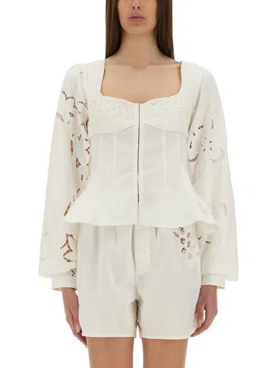 Marine Serre Fitted White Top With Square Neckline And Floral Embroidery