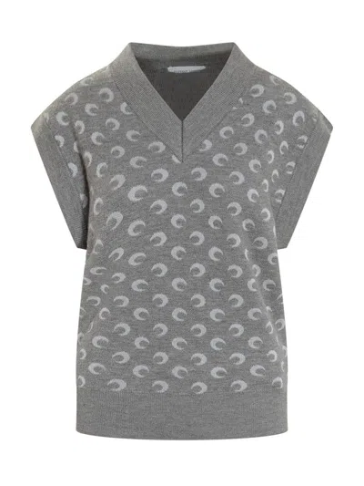 Marine Serre Jacquard V-neck Knitted Cardigan In Gray