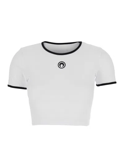 Marine Serre White Cropped Crewneck T-shirt With Logo Embroidery On The Front In Cotton Woman