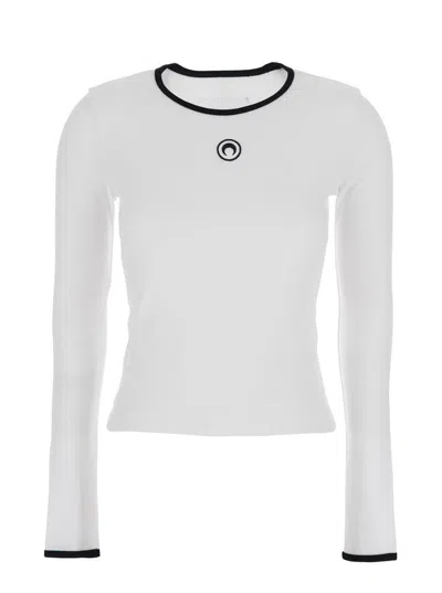 MARINE SERRE WHITE LONG-SLEEVE T-SHIRT WITH LOGO EMBROIDERY ON THE FRONT AND LOGO PATCH ON THE REAR IN COTTON WOM