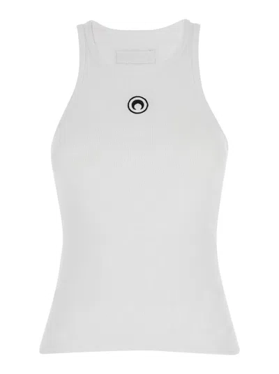 Marine Serre White Sleeveless Tank Top With Logo Detail And Logo Patch In Cotton Stretch Woman