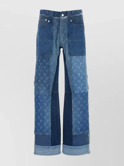 Marine Serre Wide Leg Denim Jeans With Contrast Panel In Blue