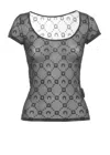Marine Serre Wide Neck Black T-shirt With Tone-on-tone Velvet Logo In Black