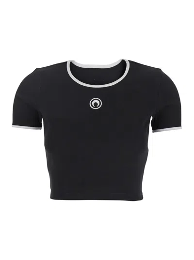 Marine Serre Women Black Cropped Crewneck T-shirt With Logo Embroidery On The Front In Cotton Woman