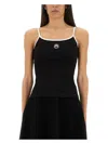 Marine Serre Black Top With Crescent Moon Logo Embroidered On The Front And Logo Patch On The Back In Cotton Woma In Black