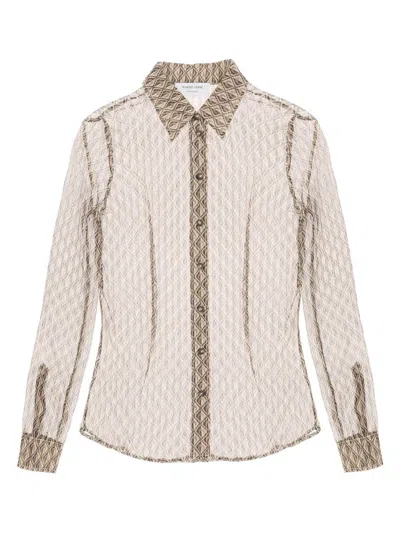 Marine Serre Moon Diamant Silk Crepon Button Up Blouse Clothing In Brown