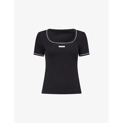 Marine Serre Womens Black Logo-patch Square-neck Stretch-cotton Top