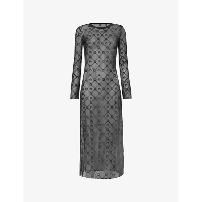 Marine Serre Womens Black Monogram-pattern Long-sleeved Mesh Midi Dress