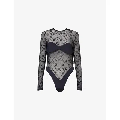 Marine Serre Womens Black Moonogram Flock Mesh Bodysuit Top