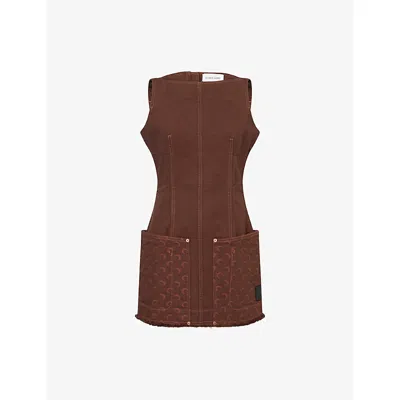 Marine Serre Womens Moon Jacquard Two-patch-pockets Denim Mini Dress Deep Brown