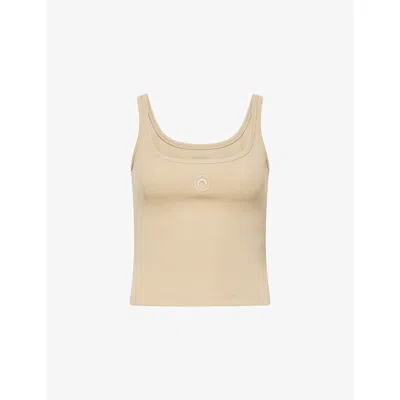 Marine Serre Womens Taupe Embroidered Logo-patch Stretch-cotton Top In Brown
