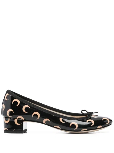 Marine Serre 'camille X Repetto' Black Ballerinas With All-over Logo Motif And Wide Heel In Leather Woman