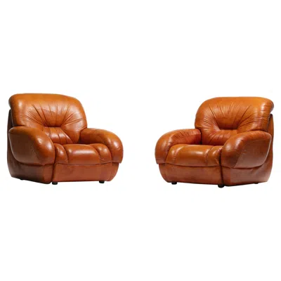Pre-owned Mario Bellini 1970s Italian Mid Century Modern Plush Carmel Leather Club Chairs In Brown