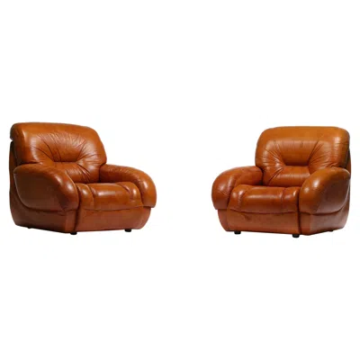 Pre-owned Mario Bellini 1970s Italian Mid Century Modern Plush Carmel Leather Club Chairs In Brown